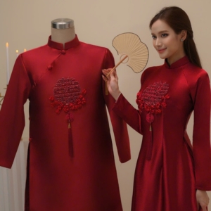 Áo Dài Cưới Đôi Chữ Hỷ Đỏ Duyên