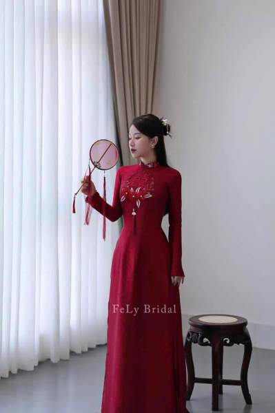 Áo dài lụa Song Hỷ kết hoa lập thể