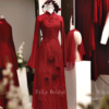 Áo dài lụa đỏ thêu hoa nổi 3D