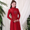 Áo dài lụa đỏ thêu Song Hỷ kết ngọc