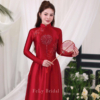 Áo dài lụa đỏ thêu Song Hỷ kết ngọc