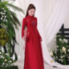 Áo dài lụa đỏ thêu Song Hỷ kết ngọc