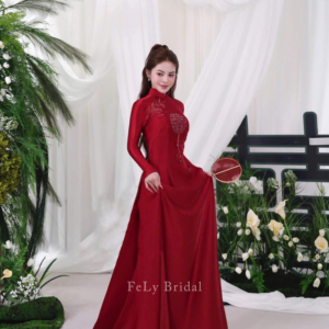 Áo dài lụa đỏ thêu Song Hỷ kết ngọc