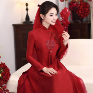 Áo dài lụa vân gỗ Song Hỷ 4 tà