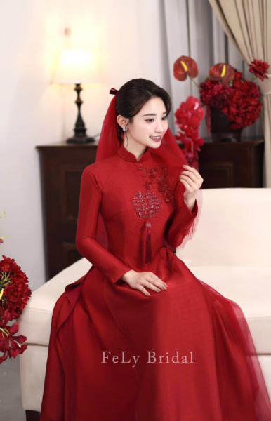 Áo dài lụa vân gỗ Song Hỷ 4 tà