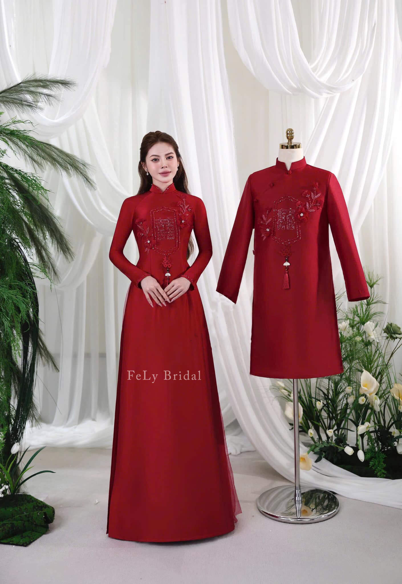 Bộ áo dài cưới đôi đỏ Song Hỷ kết hoa ngọc