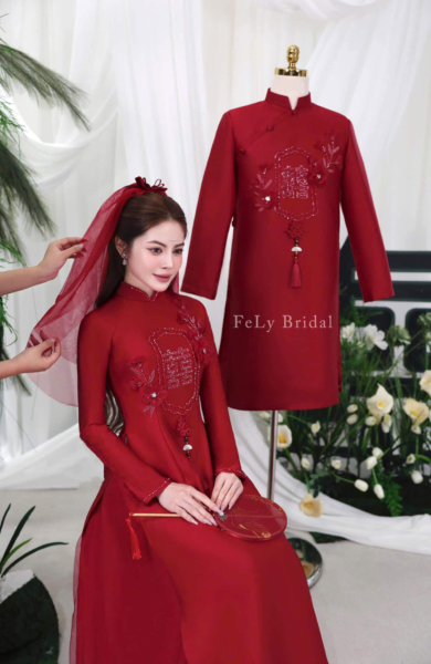 Bộ áo dài cưới đôi đỏ Song Hỷ kết hoa ngọc