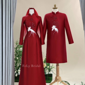 Bộ áo dài cưới đôi đỏ thêu hạc song phi