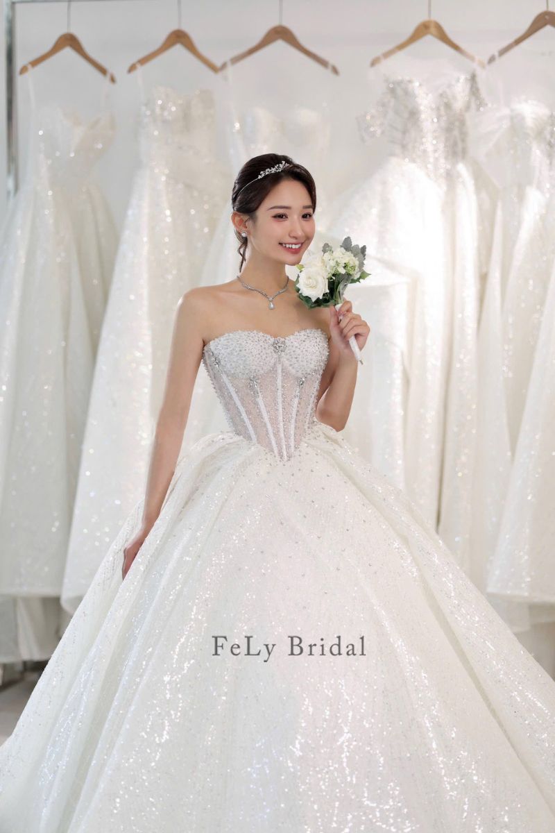 Váy cưới công chúa kim tuyến 2in1