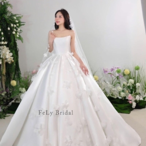 Váy cưới phi trơn cúp ngực hoa 3D