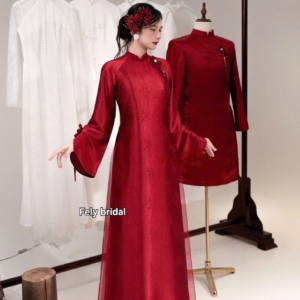 ao dai cuoi gam do hoa tiet det chim
