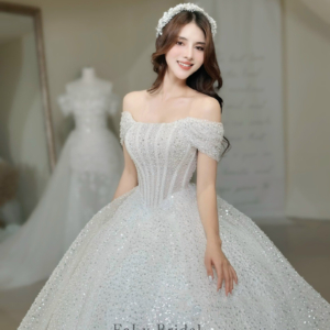 Váy Công Chúa Kim Tuyến Trễ Vai Lấp Lánh Tinh Khôi