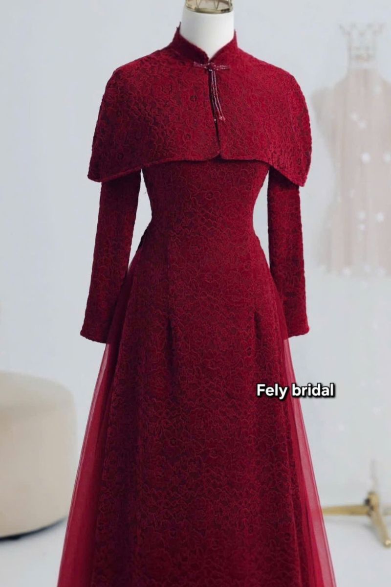 Áo dài cưới lụa thêu chìm phối choàng cổ