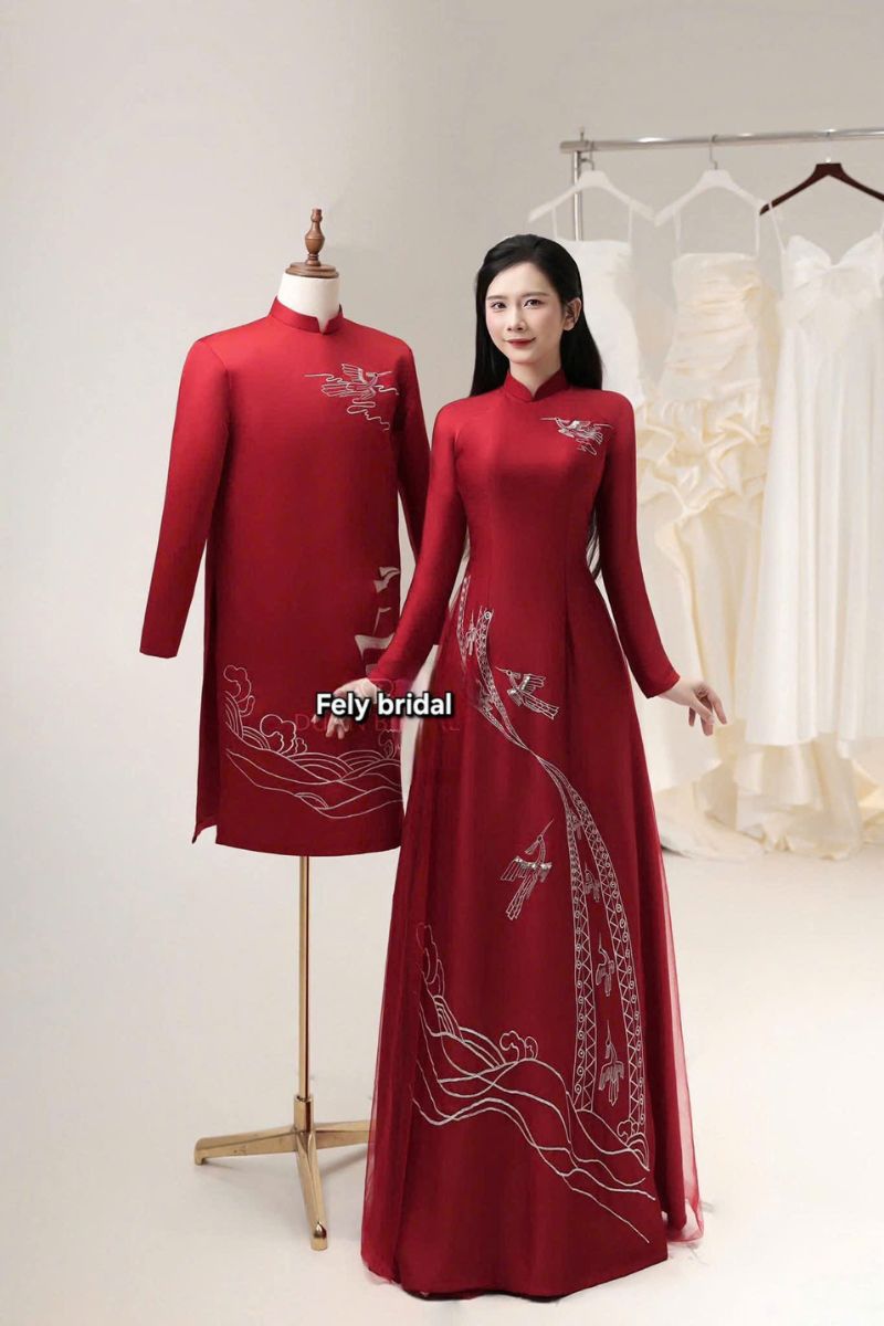 Cặp áo dài cưới Song Hạc Cát Tường