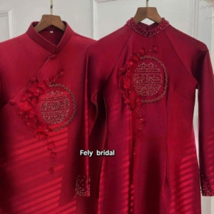 Cặp áo dài cưới Song Hỷ hoa nổi cổ đính