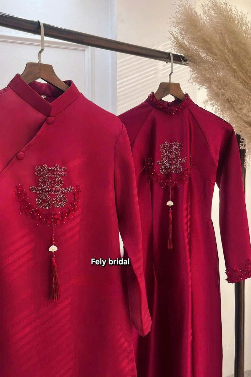 Cặp áo dài cưới Song Hỷ viền hoa pha lê