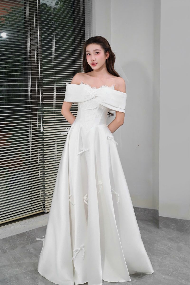 Váy Cưới Thanh Lịch Nơ Nhẹ Sương Mai