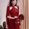 Áo Dài Đỏ Cách Tân Thêu Phụng Ánh Kim Cổ Yếm