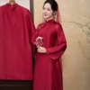 Áo Dài Đỏ Nhung Hoa Văn