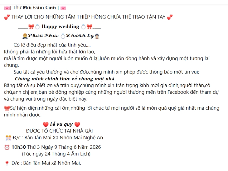 lời mời đám cưới trên Facebook 1