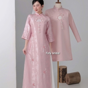 Áo Dài Hồng Phấn Song Hỷ Đính Kết Ngọc Trai