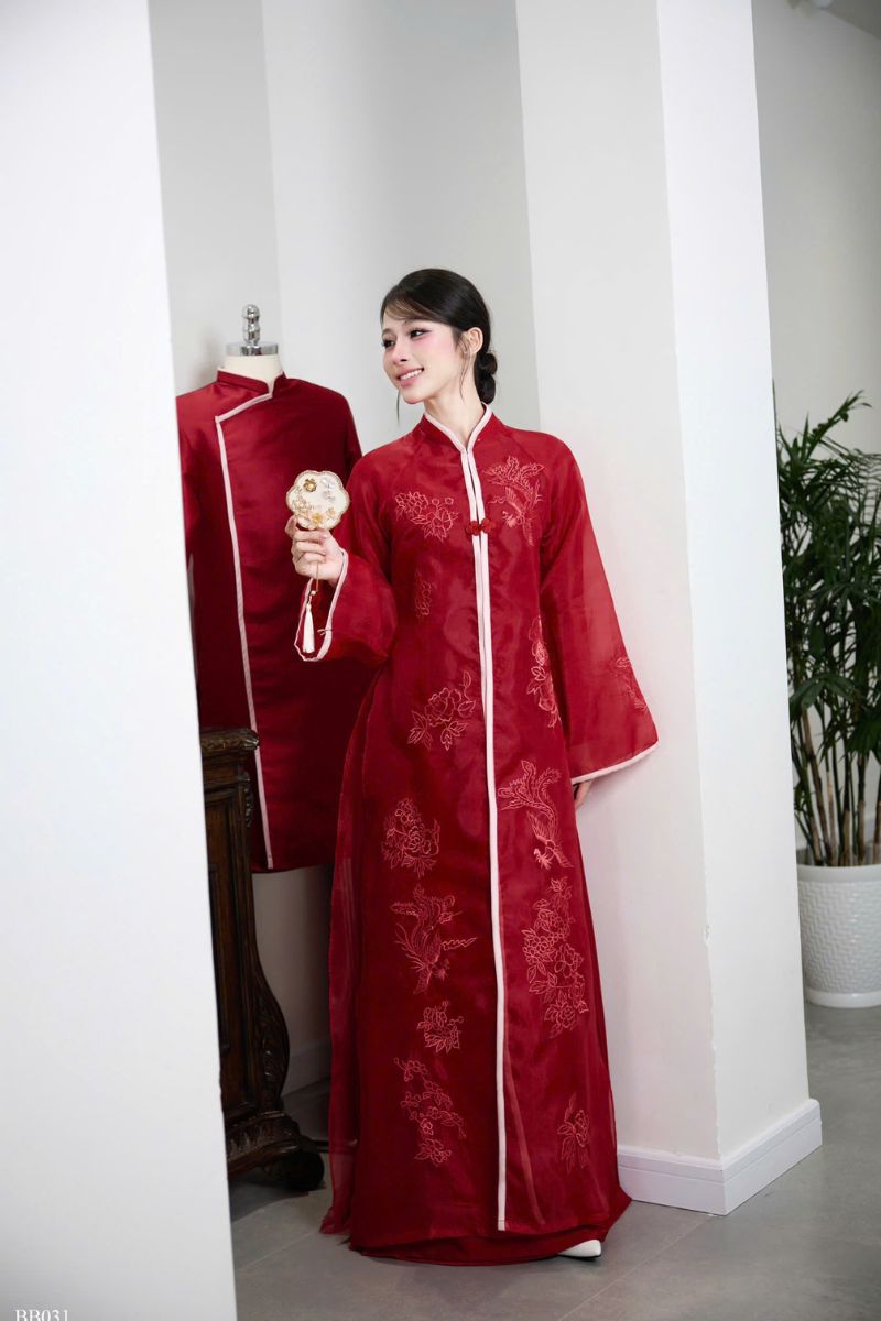 Áo Dài Cưới Hồng Loan Sắc Son